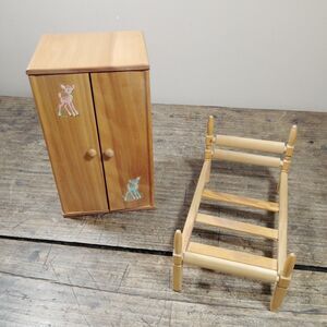 Vintage Strombecker Doll Bed & Armoire Wood Furniture Illinois House *READ